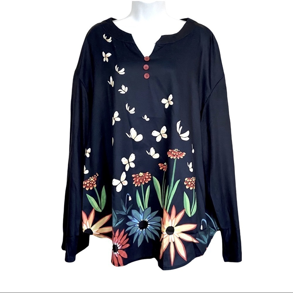 Blue Long Sleeve Floral Butterf;ly Blouse Top Plus Size 2XL